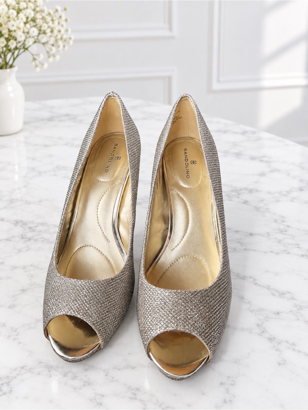 Bandolino Metallic Silver Peep-Toe Heels (worn once)